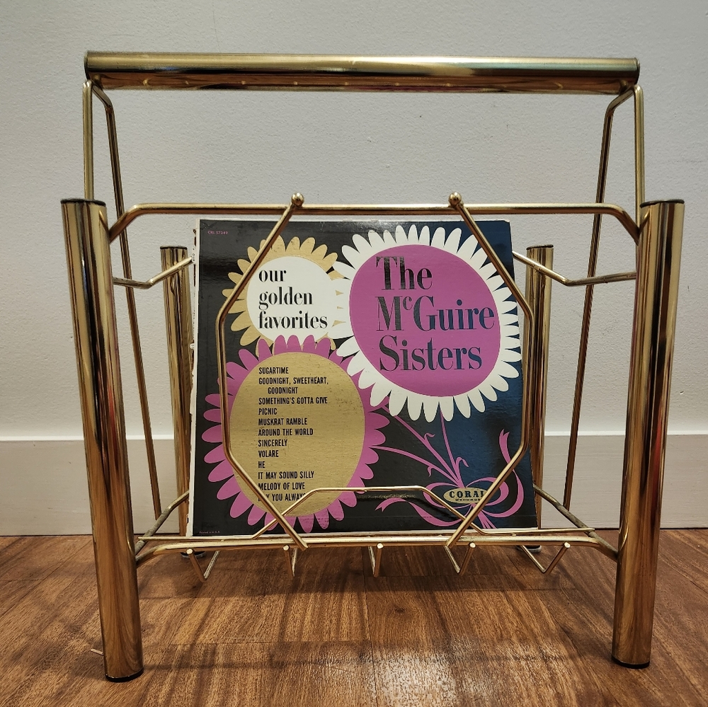 Large Vintage Mid Cenury Modern Brass Standing Magazine Rack Record Storage